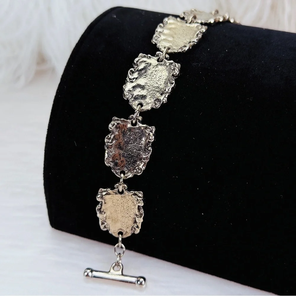 Ornate Silvertone Shield Link Bracelet Toggle Clasp Medieval Gothic Style